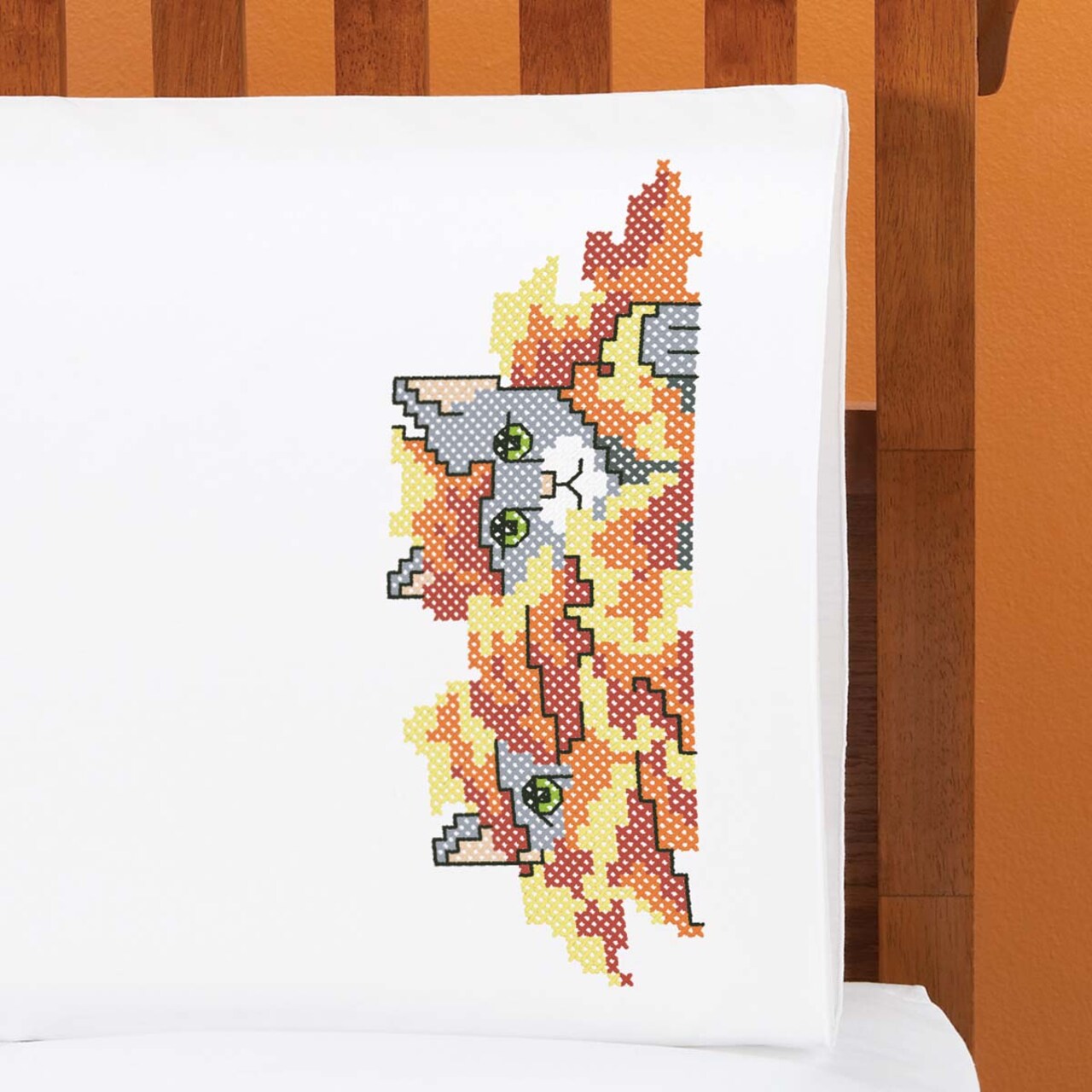 Herrschners Kitty Capers Pillowcase Pair Stamped Cross-Stitch